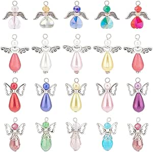 SUNNYCLUE 1 Box 60Pcs Angel Charms Bulk Angel Beads Guardian Angel Wing Bead Heart Faceted Glass Beads Love Beading Fairy Charms for Jewelry Making Charm Party Favor Gift Christmas Earrings DIY Craft