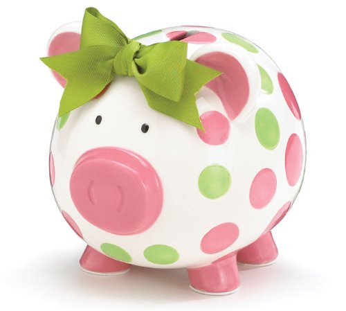 Girls Pink & Green Circles Pig Piggy Bank Green Bow Ceramic Personalized Baby Nursery Decor