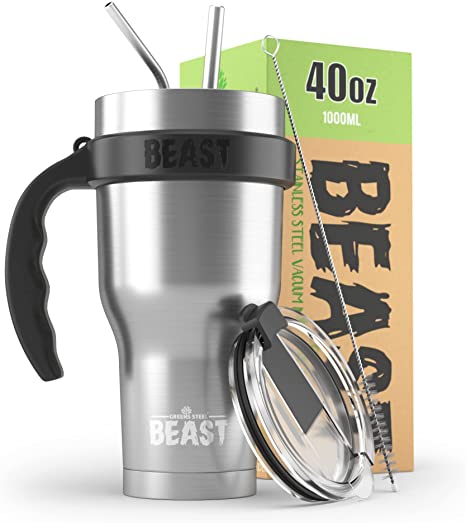 BEAST 40 oz Stainless Steel Tumbler Set with Handle - Stainless Steel Coffee Cup   2 Straws Brush, Gift Box & Black Handle