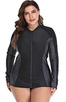 ATTRACO Womens Plus Size Long Sleeve Rash Guard Top Zipper Sufing Swim Shirt