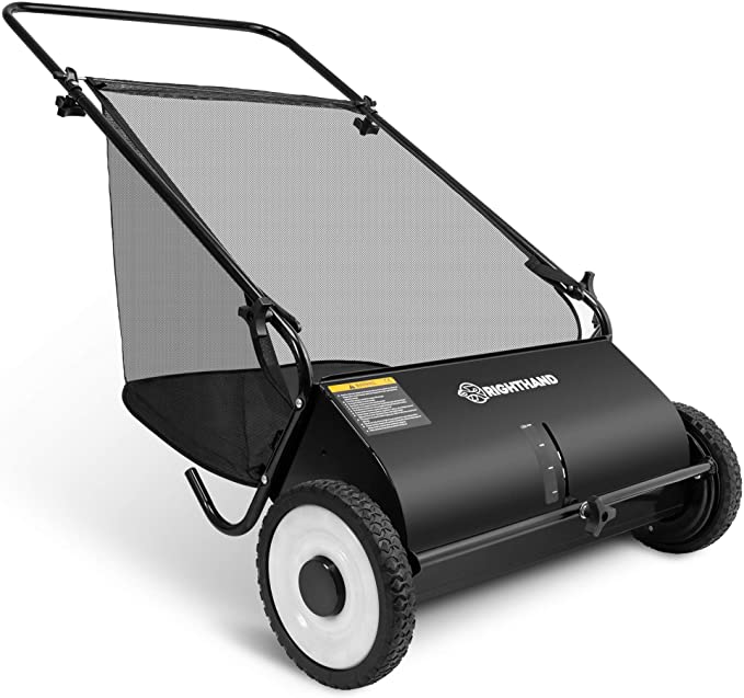 Right Hand 26-Inch Push Lawn Sweeper, Durable Steel Structure & Rubber Wheels Sweeps Leaf Grass & More, 7ft Mesh Collection Bag, 4 Spinning Brushes w/Height Adjustment, Built-in Kickstand