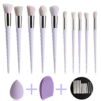 KDKD 10 Pieces Unicorn Makeup Brush Set Foundation Power Cream Blush Eyeshadow Cosmetic Brush Kit with Mesh Protector and Brush Egg Sponge