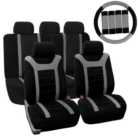FH-FB070115 Complete Set Sports Fabric Car Seat Covers, Airbag compatible and Split Bench with Steering Wheel Cover, Seat Belt Pads Gray- Fit Most Car, Truck, Suv, or Van