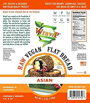 Raw Vegan Flat Bread, Asian, Paleo, 5.3 Oz, 3 Wraps