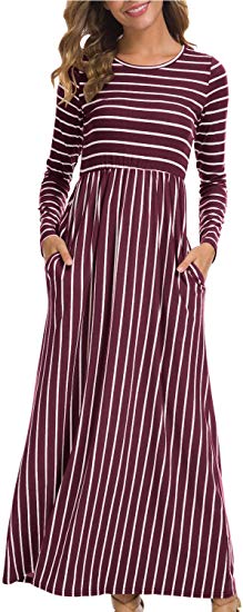 levaca Women's Long Sleeve Pleated Pockets Loose Casual Maxi Long Dress