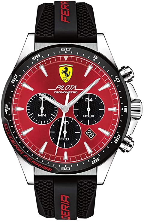 Ferrari Men's Pilota Stainless Steel Quartz Watch with Silicone Strap, Black, 22 (Model: 0830595)