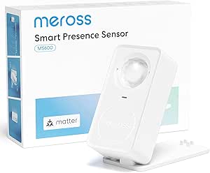 Meross Détecteur de Présence Intelligent, Détecteur de Mouvement 3 en 1 (Radar PIR Lumière) Compatible avec Matter, Apple HomeKit, Alexa et Google Home, Distance de Détection 12m à 360° et Alarme Liée