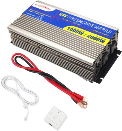 24V MicroSolar 1000W (Peak 2000W) Pure Sine Wave Inverter - with Remote Wire Controller - with 2 Foot Battery Cable