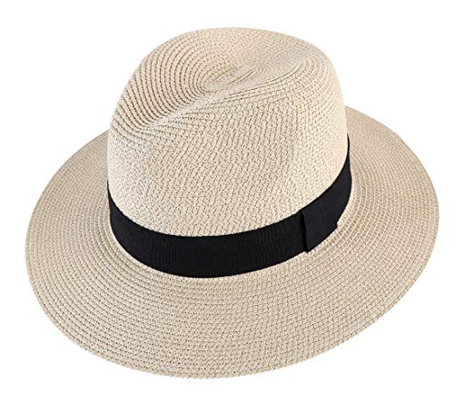 Lanzom Men Wide Brim Straw Foldable Roll up Hat Fedora Summer Beach Sun Hat UPF50