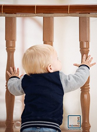 Roving Cove Safe Rail – 5ft x 3ft – INDOOR Balcony and Stairway Railing Safety Net – ALMOND color – Banister Stair Net – Child Safety; Pet Safety; Toy Safety; Stairs Protector