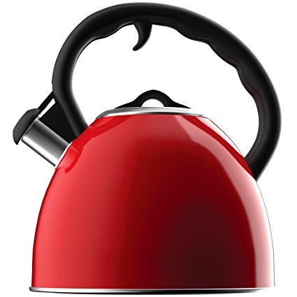 Vremi Whistling Tea Kettle - Red 2 Quart Modern Dome Teapot for Kitchen Stove Top - Decorative 8 Cup Stainless Steel Tea Pot with Fast Boil and Steam Whistle for Induction Gas or Electric Stovetop