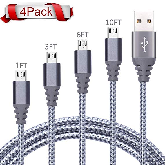 Micro USB Cable 4 Pack 1FT 3FT 6FT 10FT Extra Long Android Charging Cables Cord Nylon Braided Compatible Samsung Galaxy S7 S6 S4 S3 BlackBerry Nexus Sony LG HTC PS4 Nexus Kindle Motorola Nokia Silver