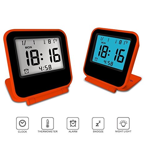 Electronic Alarm Clock, Travel Clock, KLAREN Portable Digital Clock with Calendar & Temperature - Battery Included (Orange)