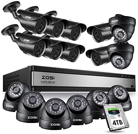 ZOSI 16CH 1080P Security Camera System Outdoor with 4TB Hard Drive 16Channel 1080P CCTV Recorder and 16pcs HD 1920TVL Outdoor Home Security Surveillance Cameras Night Vision Remote Access Motion Alert