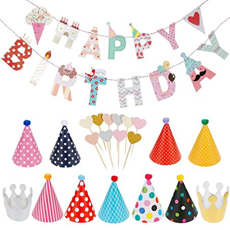 Lictin Birthday Party Decorations Favors, Happy Birthday Banner with 10 Pink Heart-shaped Cake Inserted Card,9 Hats ,2 Crowns and 1 Rope, Happy Birthday Banner Kit Birthday Crowns Birthday Hats R