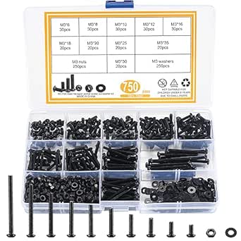 Conjunto de Tornillos M3, 750 Piezas de Tornillos Hexagonales Internos y Tuercas y Arandelas, Tornillos de Máquina de Cabeza de Lente Negra Efectivo con Juego de Tuercas y Arandelas