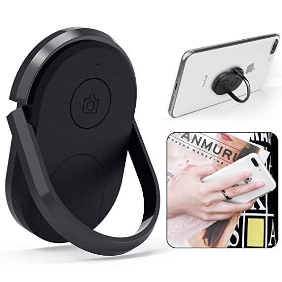 Finger Ring Stand, Roysmart Cell Phone Holder with Selfie Camera Shutter Bluetooth Remote Control for Selfie Compatible with iPhone Samsung Cell Phones and Android Device Smartphones (Black)