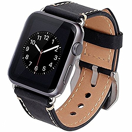 Apple Watch Band, 42mm iWatch Band Strap Premium Vintage Genuine Leather Replacement Watchband with Secure Metal Clasp Buckle for Apple Watch Sport Edition(Dark Black 42mm)