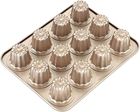 CHEFMADE Canele Mold Cake Pan, 12-Cavity Non-Stick Cannele Muffin Bakeware, FDA Approved Cupcake Pan for Oven Baking (Champagne Gold)