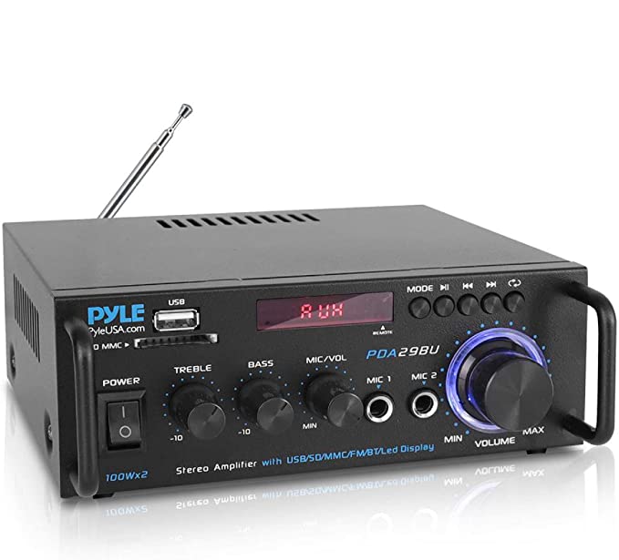 Pyle Wireless Bluetooth Stereo Power Amplifier - 200W Dual Channel Sound Audio Stereo Receiver w/RCA, USB, SD, MIC in, FM Radio, for Home Computer via RCA - PDA29BU.5