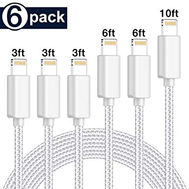 Binecsies iPhone Charger 6 Pack MFi Certified Lightning Cable [3/3/3/6/6/10FT] Compatible iPhone Xs/Max/XR/X/8/8Plus/7/7Plus/6S/6S Plus/SE/iPad Extra Long Nylon Braided USB Charging & Syncing Cord