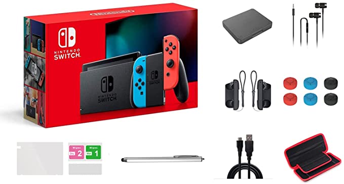 Nintendo Switch Console Video Games Neon Blue and Red Joy-Con, 32GB Internal Storage, 6.2" Touchscreen LCD Display, 802.11AC WiFi, Bluetooth 4.1, with GM 14-in-1 Super Kit Case