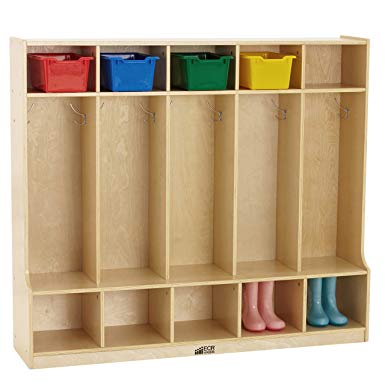 ECR4Kids Birch School Coat Locker for Toddlers and Kids, 5-Section with Bench, Natural