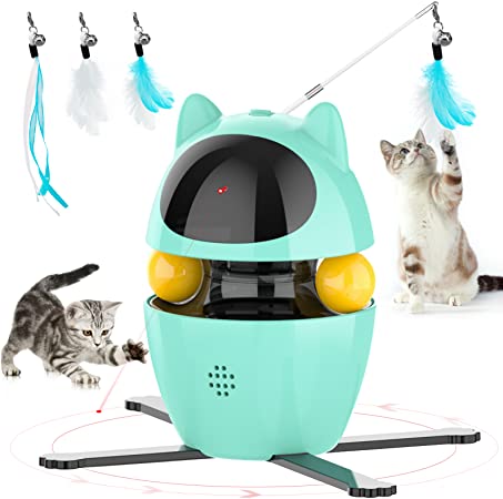 Pulatree Interactive Cat Toys, 4 in 1 USB Rechargeable Cats Light Toy Feather Kitten Toys, Cat Ball Toys for Indoor Play Chase Exercise, Auto Off, 3 Speed Modes   2-Angle Light, Negative Ion, KM05