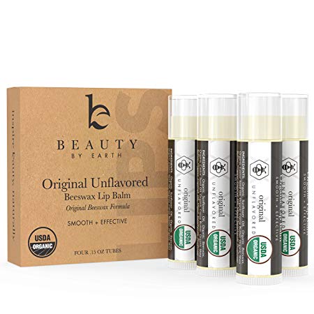 Beauty By Earth Lip Balm Organic Unflavored; With Pure and Natural Beeswax for a Clear Gloss Finish; Nourishing and Hydrating Long Lasting Formula for Moisturizing Smooth Lips (4 Tubes in Pack)
