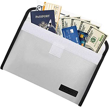 MoKo Fireproof Documents Bag, 10.6" x 6.4" Envelope Holder, Explosionproof Safe Storage for Valuables, Documents, Money, Jewelry, Hook & Loop Closure for Maximum Protection, Silver