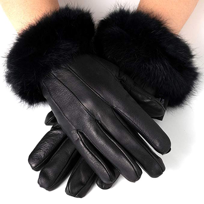 Alpine Swiss Women's Leather Dressy Gloves Rabbit Fur Trim Cuff Thermal Lining