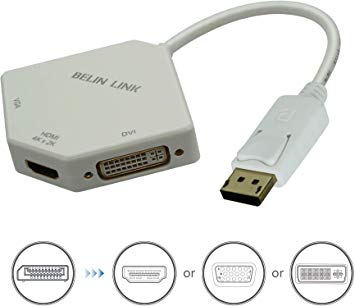BELIN LINK DP to HDMI VGA DVI Adapter Displayport to HDMI 4K Adapter 3 in 1 Display Port to HDMI VGA DVI Converter Male to Female Gold-Plated Diamond Shaped (White)