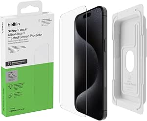 Belkin ScreenForce UltraGlass 2 Treated Screen Protector for iPhone 16 Pro Max - Scratch-Resistant, 9H Hardness Tested Glass w/Slim Design & Easy Align Tray for Bubble-Free Application