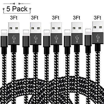 MFi Certified Lightning Cable iPhone Cable Charger, 5 Pack [3 FT] Extra Long Nylon Braided USB Charging & Syncing Cord Compatible with iPhone Xs/Max/XR/X/8/8Plus/7/7 Plus/6S/6S Plus/iPad(Black&White)