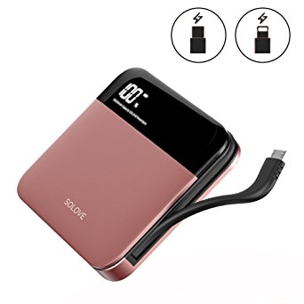 Portable Charger 10000mAh Solove Power Bank Battery Packs Small with Built-in Cable Ultra-Compact Dual-Output External Backup Phone Charger for iPhone,Samsung and More(Rose Pink)