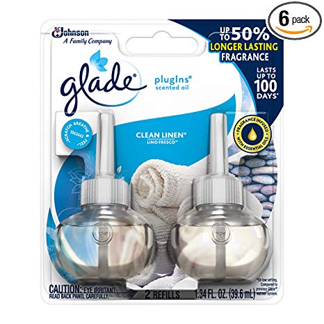 Glade PlugIns Scented Oil Air Freshener Refill, Clean Linen, 2 refills, 1.34 fl oz (Pack of 6)