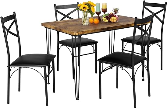 VECELO Kitchen Room Table 5-Piece Modern Metal and Wood Rectangular Breakfast Dinette with Chairs, Retro Blk, Dining Set for 4