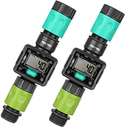 [2 Pack] RESTMO Digital Water Flow Meter, Measure Gallon/Liter Consumption and Flow Rate for Outdoor Garden Hose, Ideal for RV Hose, Lawn Sprinkler and Hose Nozzle Sprayer, Quick Connectors Included