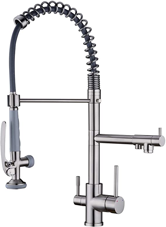 GICASA Kitchen Faucet, Lead Free Commercial Kitchen Faucet Brushed Nickel, Heavy Duty Spring Pre-Rinse Dual Handle 3 in 1 Kitchen Faucets with Pull Down Sprayer Pot Filler and Faucet Water Filter