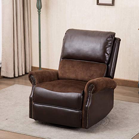 CANMOV Breathable Bonded Leather Swivel Rocker Recliner Chair, Contemporary Design Single Seat Sofa Manual Recliner Chair with Overstuffed Back, Brown Joint