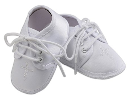 "Paisley" Keepsake White Baptism Baby Shoes with Cross Embellishment