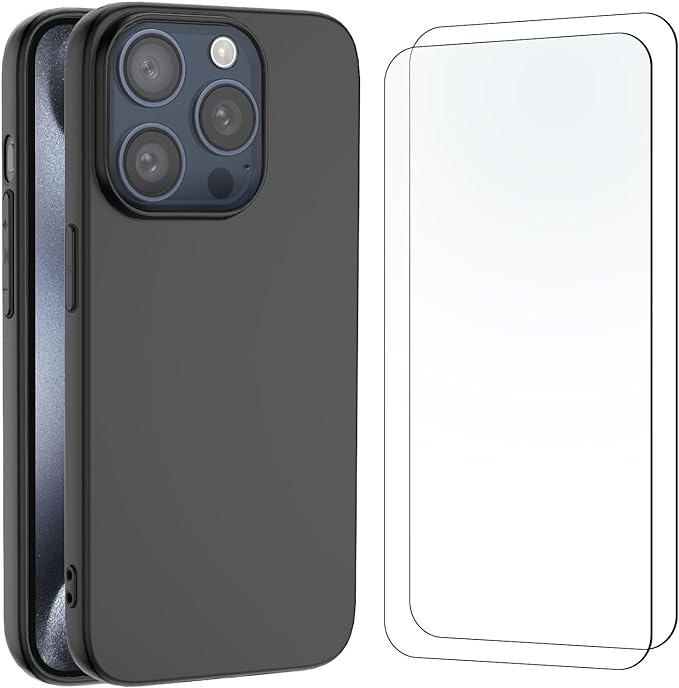 NEW'C Cover per iPhone 15 Pro Max (6,7") in custodia silicone ultra sottile nero e 2 × vetro temperato per iPhone 15 Pro Max (6,7"), Pellicola proteggi schermo