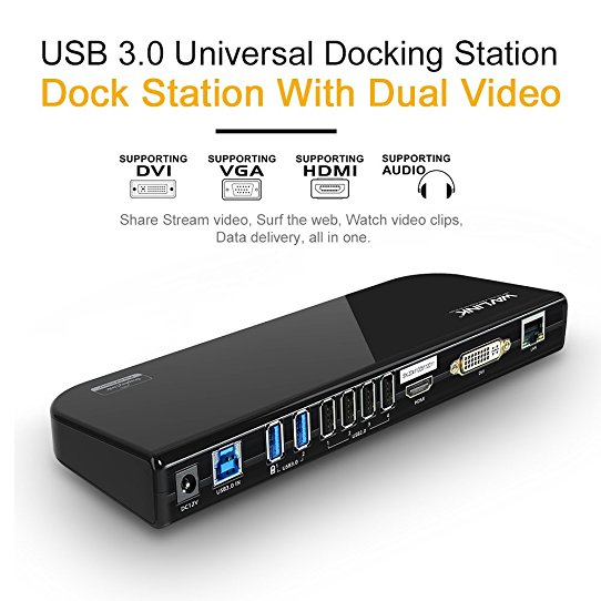 Wavlink USB 3.0 Universal Docking Station, Dual Video Monitor Display DVI & HDMI & DVI to 2048x1152, Gigabit Ethernet, Audio, 6 USB Ports for Laptop, Ultrabook and PCs