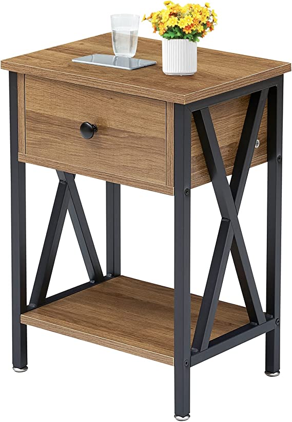 VECELO Modern Side End Table,Nightstand Storage Shelf with Bin Drawer for Living Room,Bedroom,Lounge,Sofa Couch, Walnut Brown