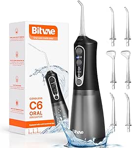 Bitvae Water Flossers for Teeth - Cordless Water Dental Flosser Teeth Picks for Travel with 6 Jet Tips, 3 Modes 5 intensities, IPX7 Waterproof Portable & Rechargeable Oral Irrigator Cleaner, Black