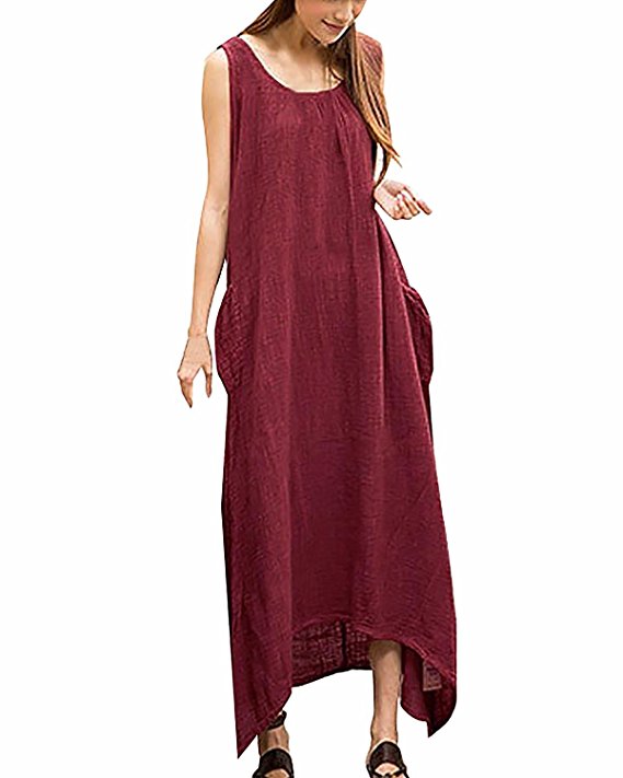 ZANZEA Women's Loose Sleeveless Pockets Irregural Hem A-line Long Maxi Dress