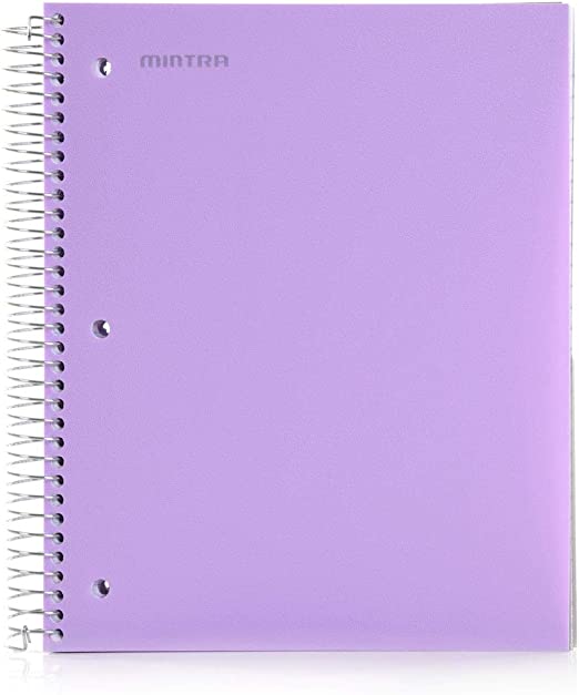 Mintra Office Durable Spiral Notebooks, 5 Subject, (Lavender, College Ruled 1pk), - 200 Sheets, 5 Poly Pockets, Moisture Resistant Cover, School, Office, Business, Professional