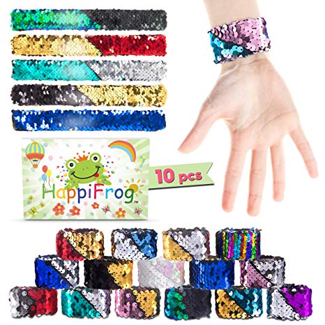 HappiFrog Mermaid Slap Bracelets, Mermaid Party Favors for Girls, Premium 10-Pack in Gift Box, Snap Bracelets Kids, Mermaid Favors for Party Bag Fillers, Reversible Sequin Bracelet, Random Colors