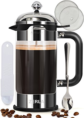 ZERLA French Coffee Press, 8 Cup (1 liter, 34 oz) - Brew Hot or Iced Coffee and Tea - Great for the Office, Travel or Camping - Made with Heat-Resistant Borosilicate Glass and Premium Stainless Steel