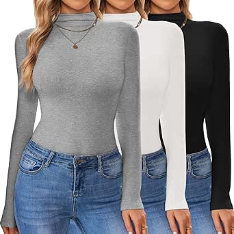 Ekouaer 3 Pack Turtleneck Shirt Women Long Sleeve Mock Neck Slim Fit Tops Winter Thermal Base Layer Soft Stretch Undershirts